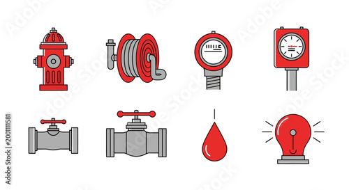 Firefighters on duty are symbolized in this flat lay illustration featuring a red fire hydrant, hose reel, gauge, valve, and water drop against a clean white background