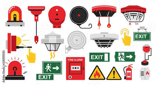 A fire brigade collection presents various firefighter safety and alert devices, displayed in a flat lay against a clean white background, with a focus on emergency equipment in a vector