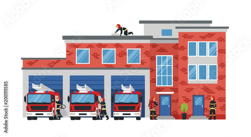 A firefighter is on duty, working on the roof of a red brick fire station, while other firefighters stand near three fire brigade trucks parked in front of the station against a clean white