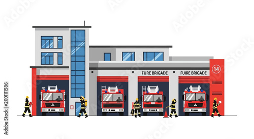 A flat vector illustration depicts a fire brigade on duty, showing firefighters in gear standing by their four fire trucks parked inside a modern fire station against a plain white