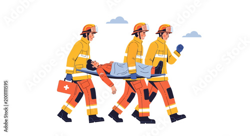 Three firefighters from the fire brigade on duty are illustrated carrying a patient on a stretcher, depicted in a flat vector style with bright, contrasting colors and set against a clean