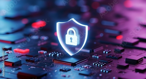 Digital Security Shield Icon Illuminating on a Circuit Board Background, Symbolizing Data Protection, Cyber Security, and Privacy in Technology
