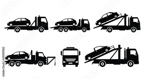 Black silhouette collection of various tow trucks transporting damaged vehicles on roads