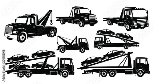 Black silhouette collection of tow trucks and car carriers transportation and rescue vehicles