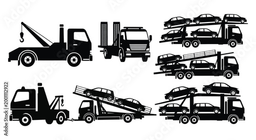 Black silhouette collection of various car carrier trucks and tow trucks