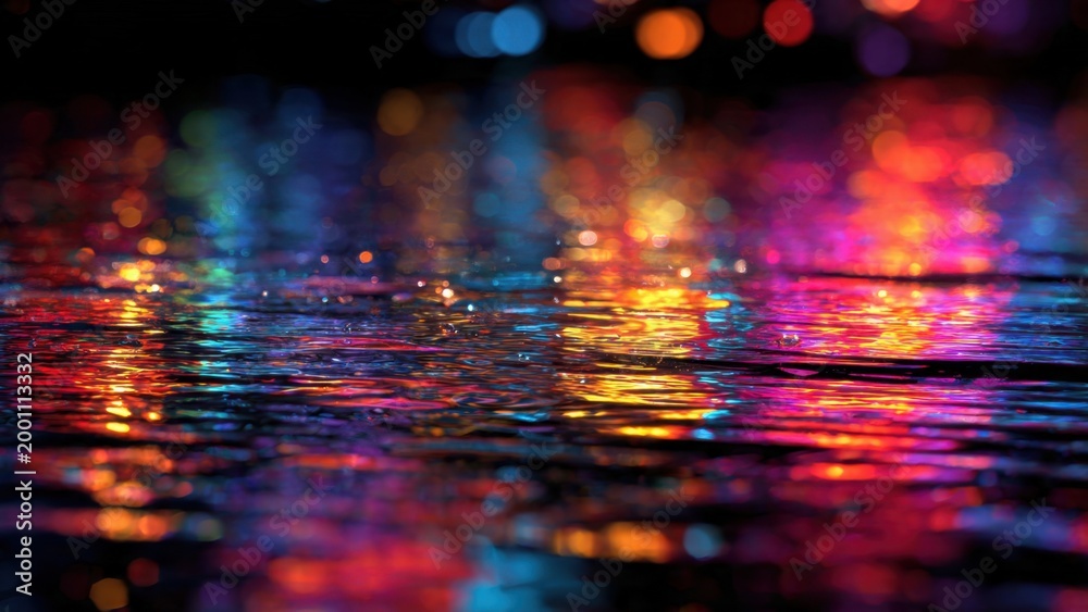 Naklejka premium Rainbow Reflections on Wet Pavement at Night