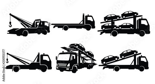 Tow truck silhouettes a collection of vehicle transport and recovery illustrations