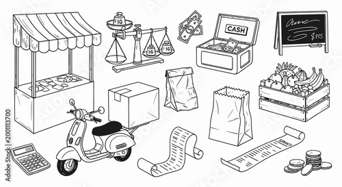 Local Market Shopping and Delivery Service Doodle Set