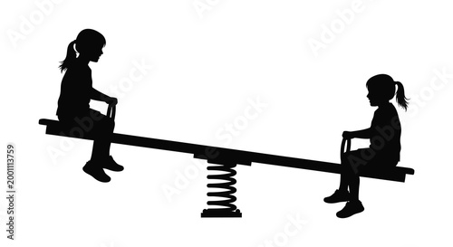 Childhood friends on a seesaw a black silhouette depicting playful interaction and balance