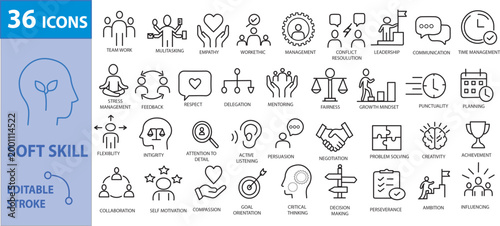 Soft Skills Icons Set – Minimal Line Vector Collection for Communication, Leadership and Teamwork