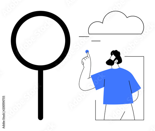 Search engines, cloud storage, data analysis, internet browsing, software interaction, digital solutions. Magnifying glass, cloud and person pointing at an element. Search engines and cloud storage