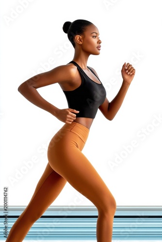 Fit woman running on a treadmill in athletic wear with strong posture and focused expression