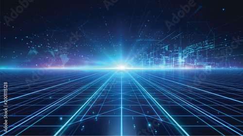 Vibrant blue digital grid with neon lines and glowing light on a dark background with futuristic elements and stars