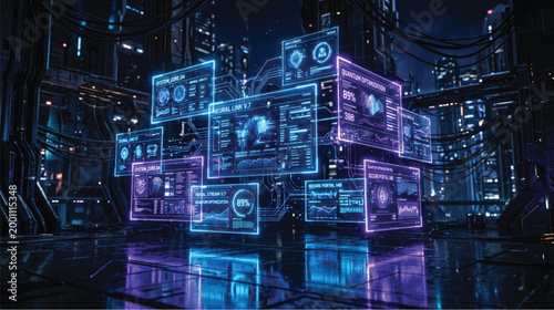 Futuristic control room with multiple blue glowing screens and digital displays floating in midair surrounded by dark metallic structures and wiring