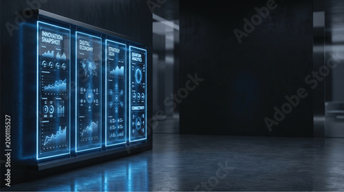 A futuristic digital display with glowing blue graphs and charts on a sleek in a dark room with a shiny floor
