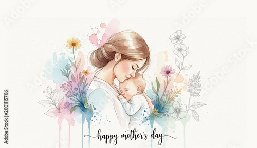 Soft watercolor illustration of mother holding baby in flower garden