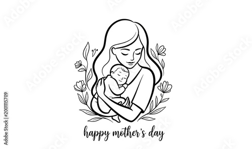 Minimalist line art of mother and child embracing with floral accents