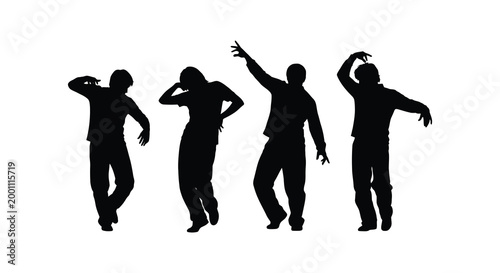 Dancing silhouettes a group of people enjoying music and movement in dark contrast