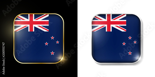 New Zealand flag shiny golden and silver icons isolated on black and white. Vector 3D square rounded illuminated buttons with shadow. Use for bets, tournament, sport games
