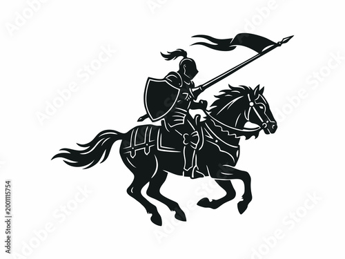 Medieval Knight on Horseback Carrying Lance and Shield Silhouette Vector Illustration