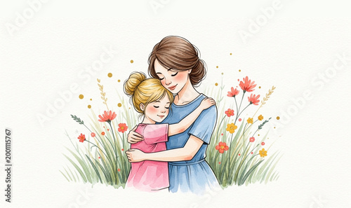 Watercolor painting of mother and daughter hugging in wildflower meadow
