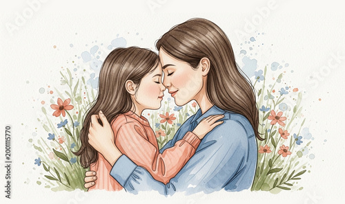 Soft watercolor illustration of mother and daughter touching foreheads