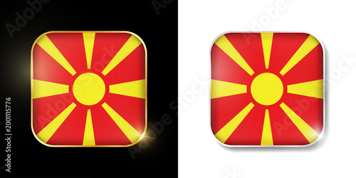 North Macedonia flag shiny golden and silver icons isolated on black and white. Vector 3D square rounded illuminated buttons with shadow. Use for bets, tournament, sport games