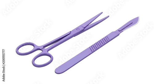 Minimal black silhouette icon, simple flat vector, bold black shape, no, no shading purple disposable surgical instruments including a hemostat and a scalpel on a, flat icon style