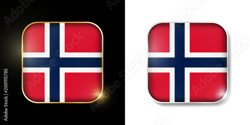 Norway (Bouvet Island) flag shiny golden and silver icons isolated on black and white. Vector 3D square rounded illuminated buttons with shadow. Use for bets, tournament, sport games