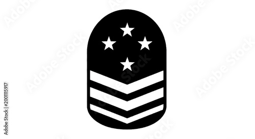 Minimal black silhouette icon, simple flat vector, bold black shape, no, no shading military rank insignia with three chevrons and four stars on a, flat icon style