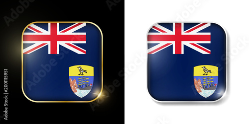 Saint Helena, Ascension and Tristan da Cunha flag shiny golden and silver icons isolated on black and white. Vector 3D square rounded illuminated buttons. Use for bets, tournament, sport games