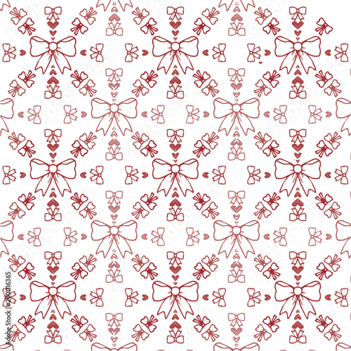 Decorative seamless pattern with pink ribbon bows and small hearts on white background.