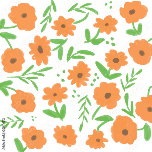 Hand drawn orange flower pattern with crayon texture and green leaves on white.