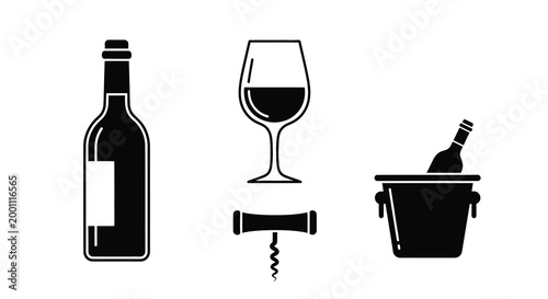 Wine bottle glass and cooler presented in a dark silhouette