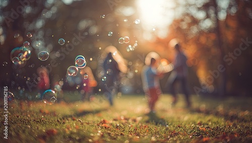 Gentle sunbeams illuminate a blurred outdoor scene with children playing and blowing bubbles