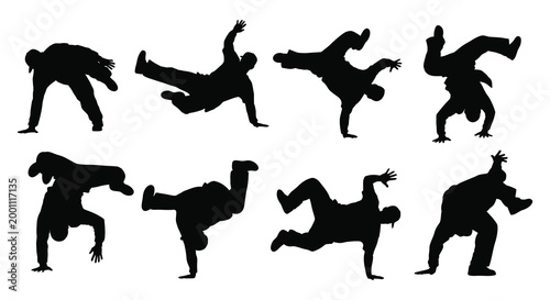 Dynamic breakdancing silhouettes a collection of energetic poses and acrobatic movements