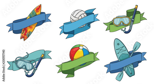 Summer Beach Sports Icons. Ribbon Banners. Vector Illustration. Flat Design. Decorative Elements.