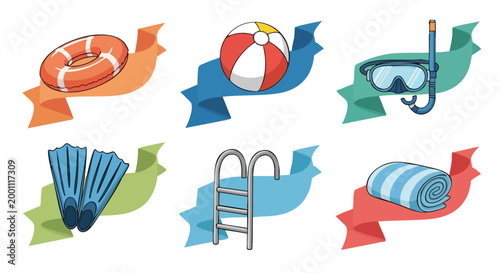 Summer Vacation Icons Set. Pool Equipment Collection. Colorful Vector Illustrations. Beach Symbols.
