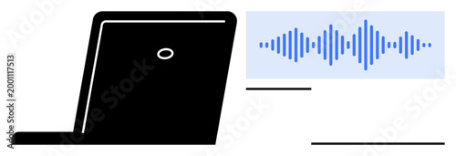 Voice recognition. A digital audio waveform appears on a laptop screen voice analysis and speech-to-text functionality. Voice recognition enables transcription, virtual assistants, and accessibility