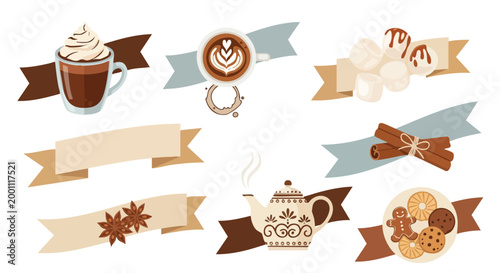 Winter Hot Drinks and Sweets Elements. Decorative Ribbon Banners. Flat Vector Illustration.