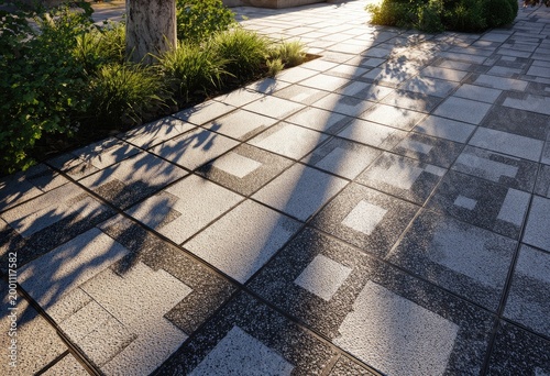 Sunlit, patterned stone walkway with textured, modern, geometric paving