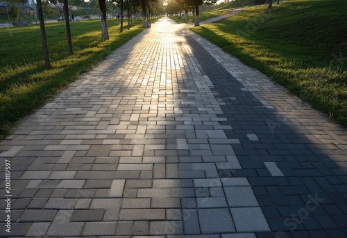 Paved pathway with sunlight and shadows, leading into a grassy park