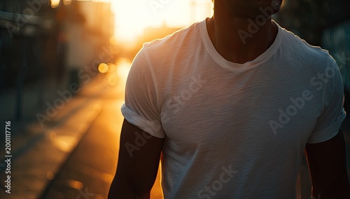 Close-up of a man in a white t-shirt walking at sunset