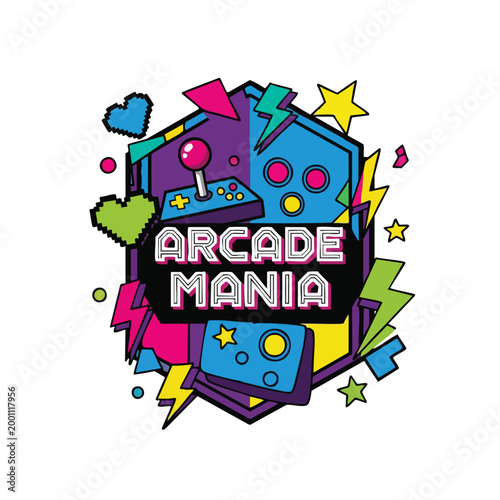 Arcade Mania Retro Gaming Emblem. Vector Badge. 80s Neon Style. Flat Graphic Design.