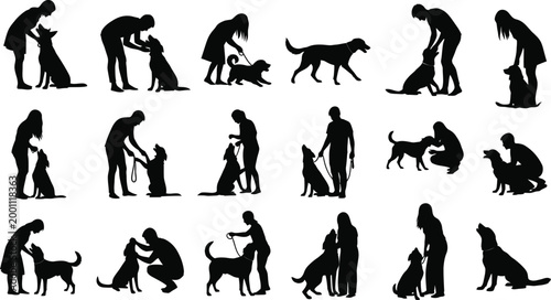 People and dogs silhouette collection interactions and companionship in black