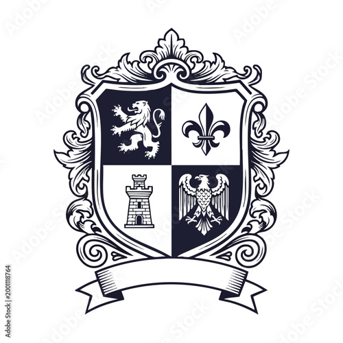 Heraldic Shield Emblem. Royal Crest Design. Vintage Vector Illustration. Decorative Coat of Arms.