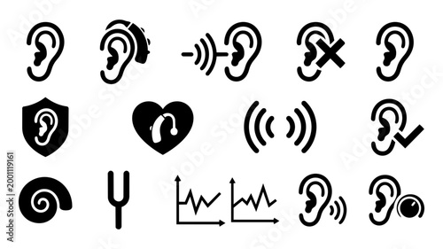 Hearing and Audiology Icons – Ear Health, Sound, Hearing Loss and Protection Silhouettes