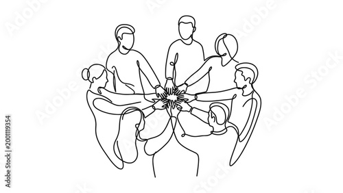 Continuous line drawing of diverse people joining hands in a circle.