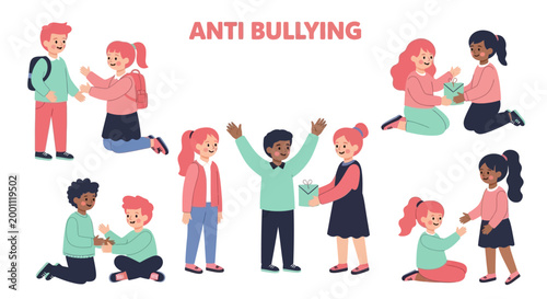 Illustrated figures depict children interacting in various social situations against a white backdrop, with some figures seemingly excluded, to address themes of bullying and promote