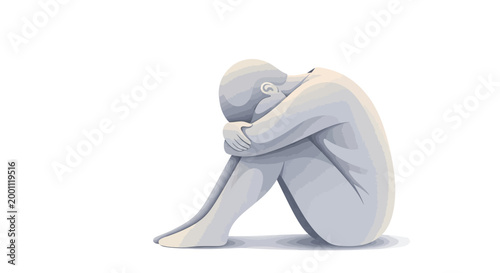 A minimalist, stylized illustration depicts a nude, desaturated human figure curled up tightly against a bright white background, conveying a strong sense of isolation and emotional